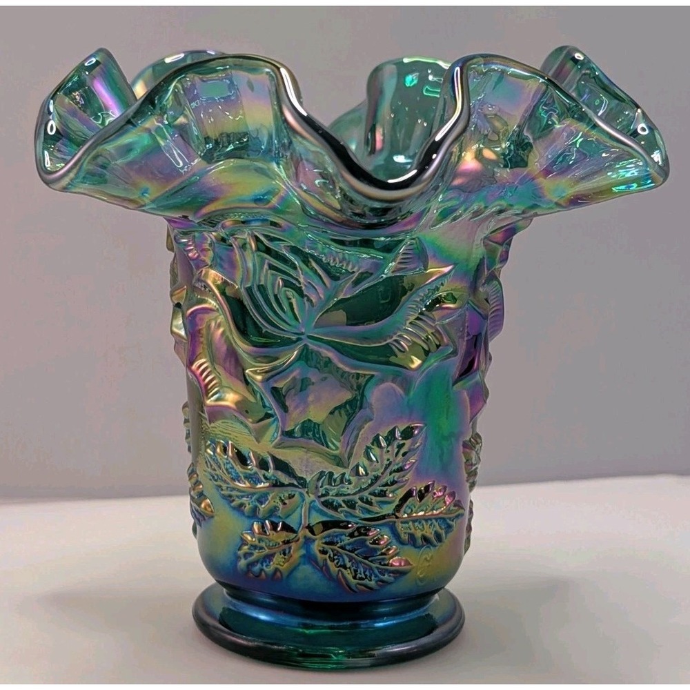 Fenton Spruce Green Wild Rose Carnival Glass Vase Ruffled Rim - 2000s Logo Mark
